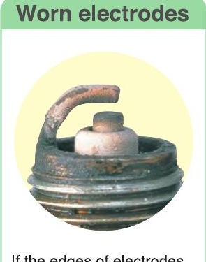 Worn spark plug — rounded eroded electrodes from extended use